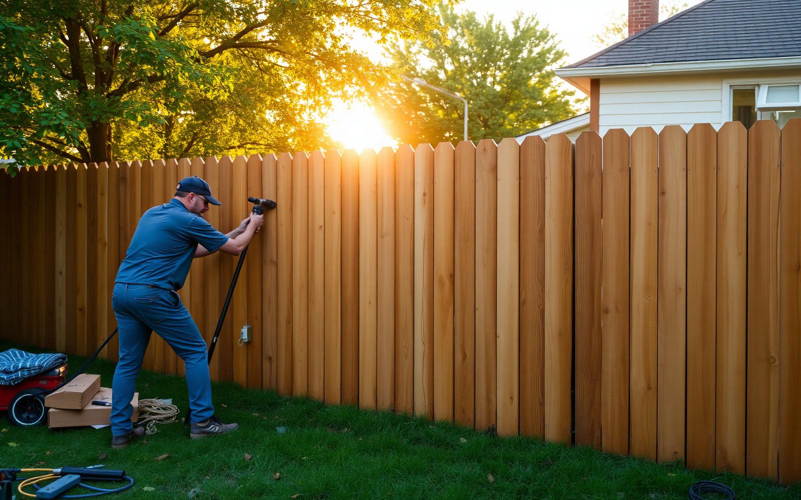 Fence installer building a new cedar privacy fence in a Bronx backyard
